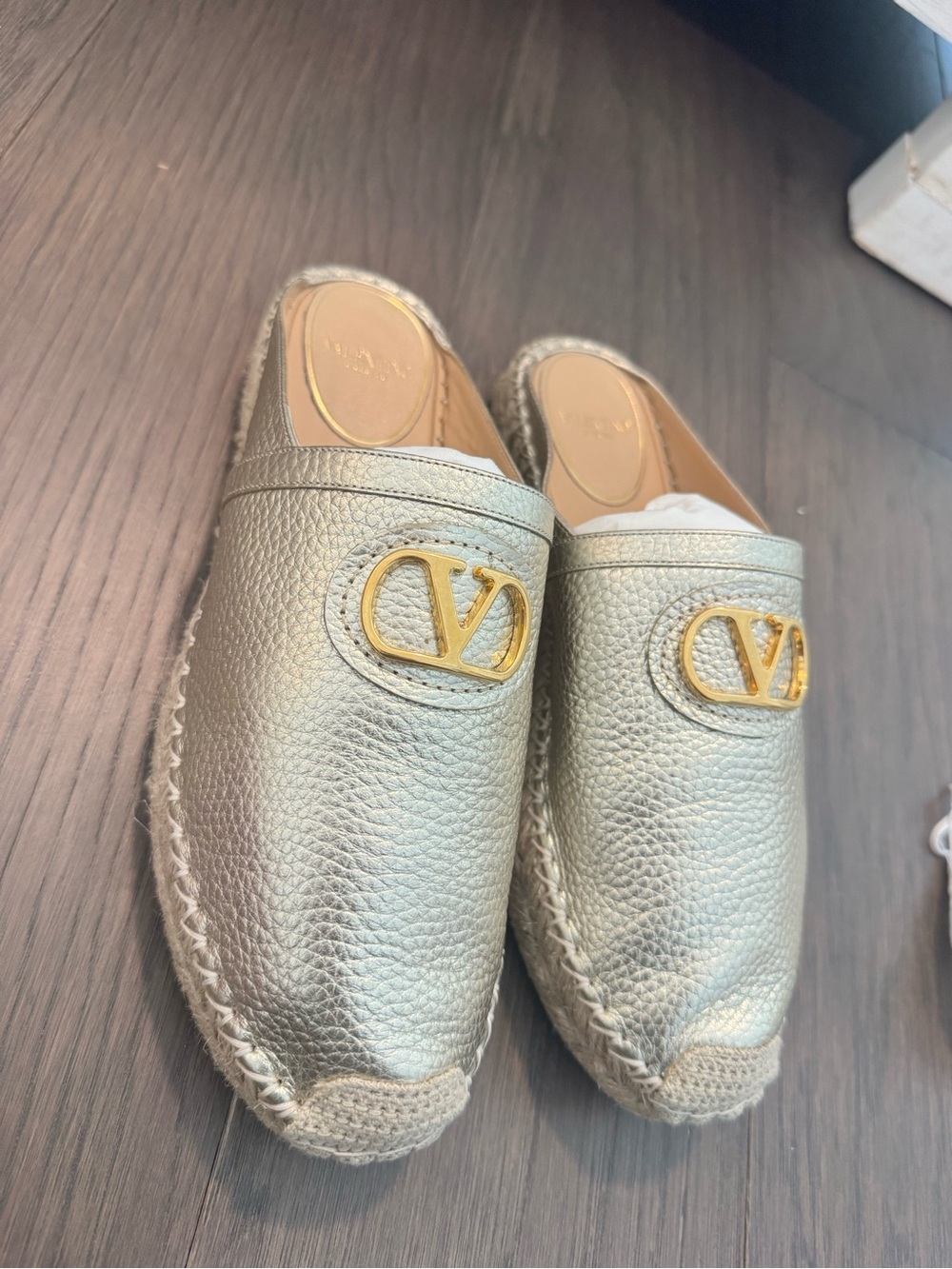 Valentino Garavani Gold Pebbled Leather Slip-On Loafers with Gold Logo